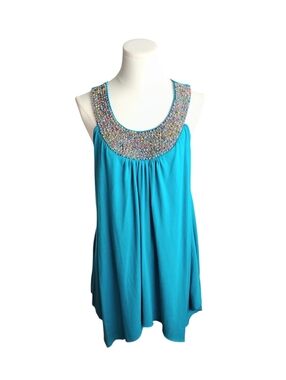 Cato Blue Colorful Beaded Neckline Asymmetrical Hem Mini Dress Size Medium